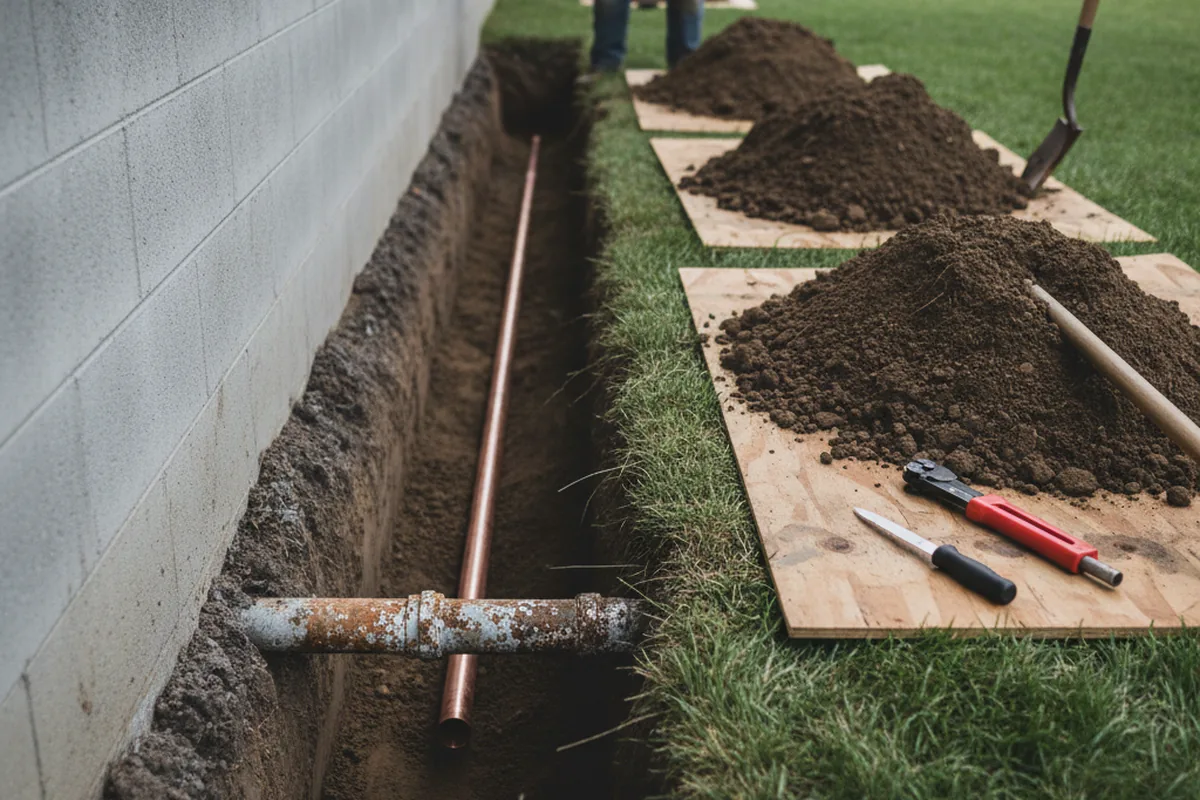 Excavated water line trench during Water Heater Repair in Goodells